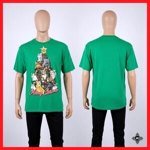 Meowy Christmas Cat T Shirt Green Holiday Graphic Tee Funny Unisex Xmas Gift Top